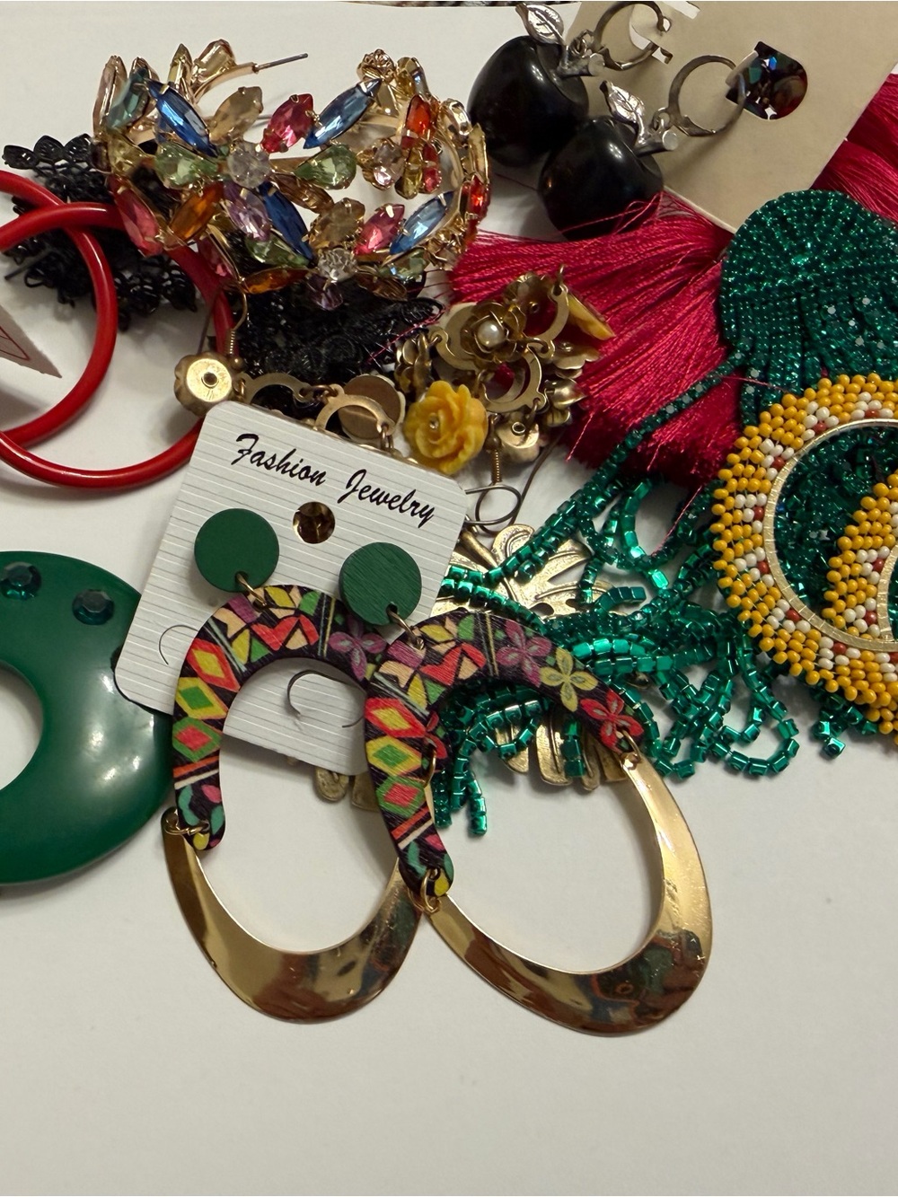 Fashion Jewelry Green and Gold Patterned Hoop Drop Earrings